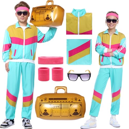 Ficlwigkis 80er 90er Jahre Outfit Herren Damen,8 Pcs 80er 90er Kostüm Bad Taste Outfit Herren Damen mit Jacke Hose Stirnband Armbänder Brille Aufblasbare Radio für Karneval (Cyan, L) von Ficlwigkis