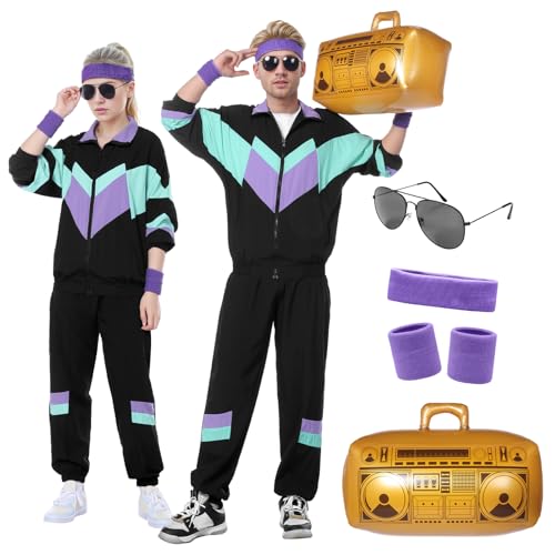 Ficlwigkis 80er 90er Jahre Outfit Herren Damen,8 Pcs 80er 90er Kostüm Bad Taste Outfit Herren Damen mit Jacke Hose Stirnband Armbänder Brille Aufblasbare Radio für Karneval (Schwarz 1, M) von Ficlwigkis