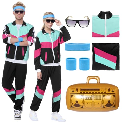 Ficlwigkis 80er 90er Jahre Outfit Herren Damen,8 Pcs 80er 90er Kostüm Bad Taste Outfit Herren Damen mit Jacke Hose Stirnband Armbänder Brille Aufblasbare Radio für Karneval (Schwarz 2, L) von Ficlwigkis