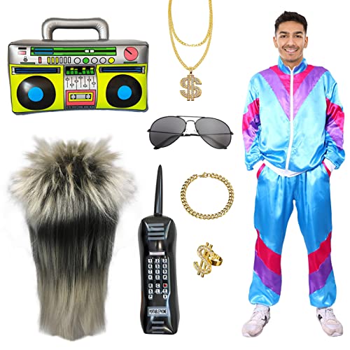 Ficlwigkis 80er 90er Jahre Outfit Herren Damen,8Pcs Blau Karneval Kostüm Trainingsanzug Retro Anzug mit Perücke Sonnenbrille Halskette Ring Ballon für Karneval (Blau/8Pcs, S) von Ficlwigkis