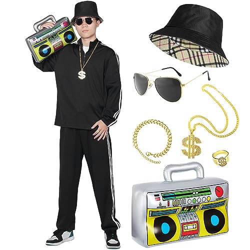 Ficlwigkis 80er 90er Jahre Outfit Herren Damen,8Pcs Schwarz Karneval Kostüm mit Hut Sonnenbrille Halskette Armband Ballon Trainingsanzug Retro Anzug für Karneval Hip-Hop Party (Schwarz, L) von Ficlwigkis