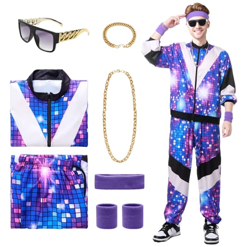 Ficlwigkis 80er 90er Jahre Outfit Herren Damen,Disco Outfit Bad Taste Outfit Retro Trainingsanzug Herren Damen Jogginganzug mit Stirnband Armbänder Halsketten Armband Brille für Karneval (Blau, XXL) von Ficlwigkis