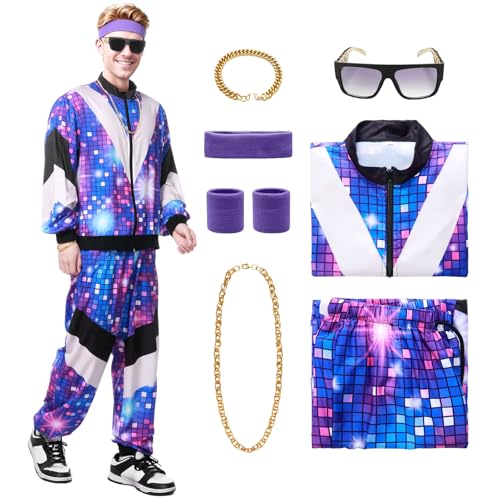 Ficlwigkis 80er 90er Jahre Outfit Herren Damen,Disco Outfit Bad Taste Outfit Retro Trainingsanzug Herren Damen Jogginganzug mit Stirnband Armbänder Halsketten Armband Brille für Karneval (Blau, L) von Ficlwigkis