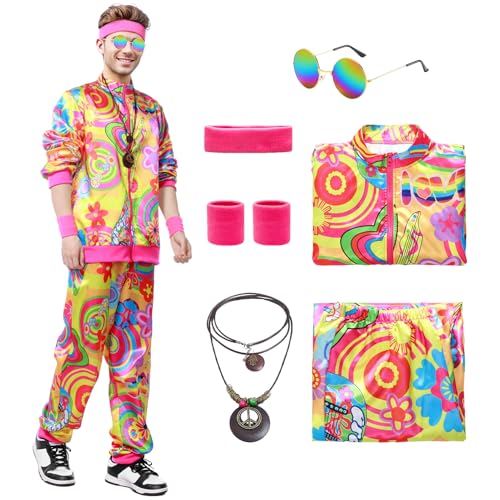 Ficlwigkis 80er 90er Jahre Outfit Herren Damen,Hippie Kostüm Herren Neon Flower Power 80er Trainingsanzug Retro Jogginganzug Herren Bad Taste Outfit Karneval Faschingskostüme Herren von Ficlwigkis