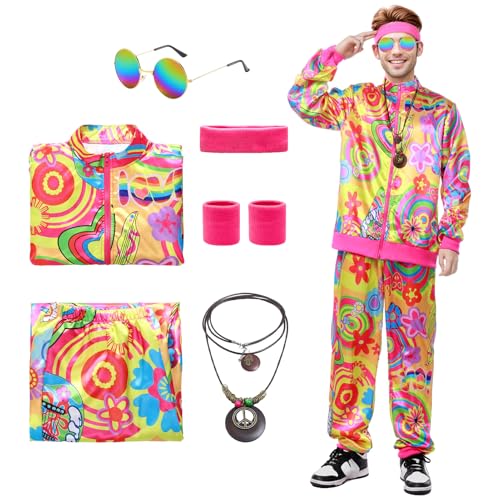 Ficlwigkis 80er 90er Jahre Outfit Herren Damen,Hippie Kostüm Herren Neon Flower Power 80er Trainingsanzug Retro Jogginganzug Herren Bad Taste Outfit Karneval Faschingskostüme Herren von Ficlwigkis