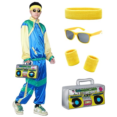 Ficlwigkis 90er 80er Jahre Outfit Kostüm Herren Damen,Kostüm 80er jahre New Kids Kostüm Bad Taste Outfit Herren mit Stirnband Armbänder Brille für Karneval Fasching Kostüm (2XL, Blau) von Ficlwigkis