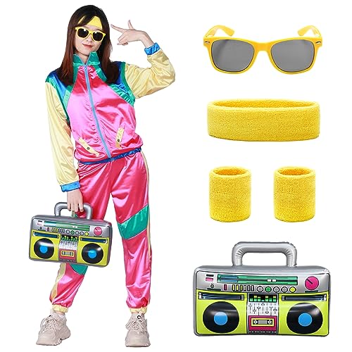 Ficlwigkis 90er 80er Jahre Outfit Kostüm Herren Damen,Kostüm 80er jahre New Kids Kostüm Bad Taste Outfit Herren mit Stirnband Armbänder Brille für Karneval Fasching Kostüm (M, Rosa) von Ficlwigkis