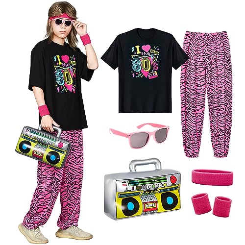 Ficlwigkis 80er 90er Jahre Outfit Herren,Karneval Faschingskostüme 80s Kostüm mit Stirnband Armbänder Brille Aufblasbare Ghettoblaster für Karneval Bad Taste Party (Pink/Schwarz, XL) von Ficlwigkis