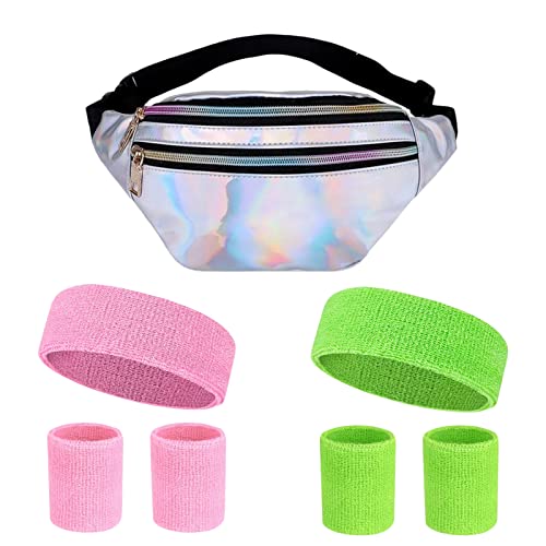 Ficlwigkis 80er jahre Outfit Damen Accessoires mit Bauchtasche Schweißband 80er 90er Jahre Outfit Herren Damen 7PCS 80er jahre accessoires für Retro Party Thema Karneval (A) von Ficlwigkis