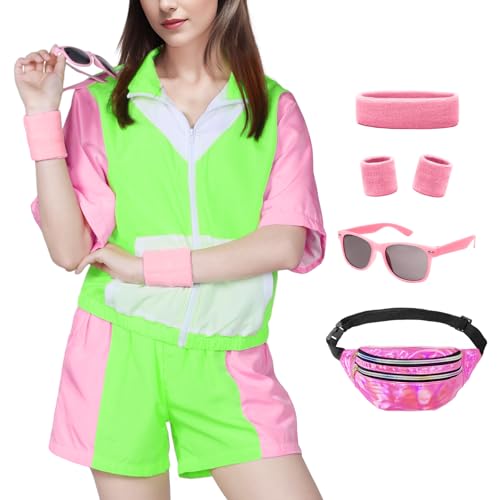 Ficlwigkis 90er 80er Jahre Outfit Damen,80er 90er Jacke Kurze Hosen Trainingsanzug Retro Anzug mit Bauchtasche Stirnband Armbänder Karneval Kostüm Damen (Grün, 2XL) von Ficlwigkis