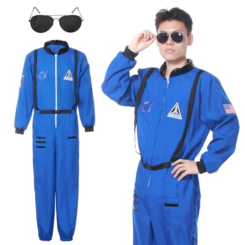 Ficlwigkis Astronaut Kostüm Herren Space Weltall Kostüm Herren Karneval Kostüme Astronauten Kostüm Faschingskostüme (Blau Erwachsener, L) von Ficlwigkis