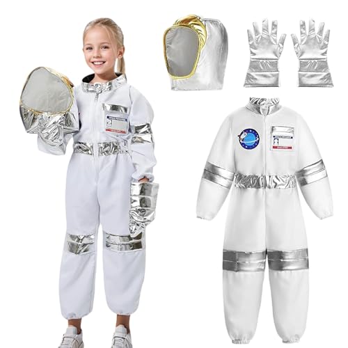 Ficlwigkis Astronauten Kostüm Kinder,Space Weltall Kostüm,Astronaut Kostüm Kinder mit Helm und Handschuhe,Space Kostüm Weltall Kostüm,Karneval Halloween Kostüm(Weiß, 100) von Ficlwigkis