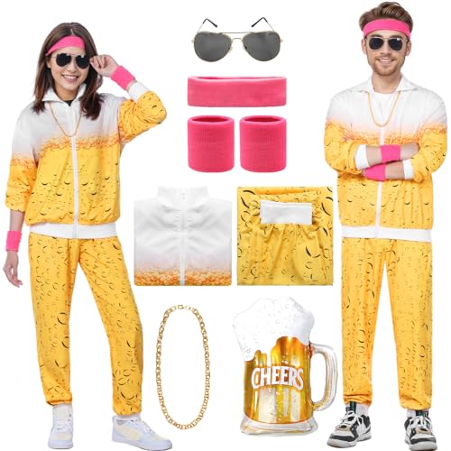 Ficlwigkis Bier Kostüm,Bieranzug,80er Jahre Outfit Herren Damen,Bad Taste Outfit Jogginganzug Trainingsanzug Retro Anzug mit Goldkette Stirnband Armbänder Brille Bierfolienballon für Karneval Fasching von Ficlwigkis