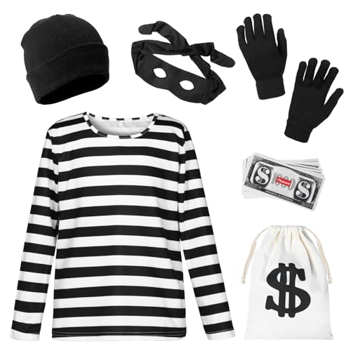 Ficlwigkis Dieb Kostüm Herren,Räuber Kostüm mit T-Shirt Handschuhen, Taschen,Mütze und Augenmaske für Karneval Halloween Banditen Kostüm Herren (Kinder, 110) von Ficlwigkis