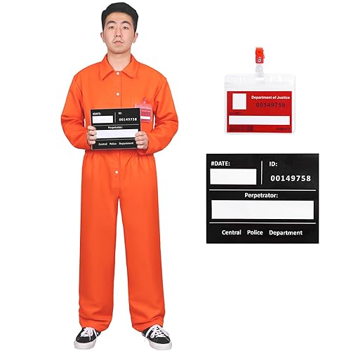 Ficlwigkis Gefängnis Kostüm Orange Häftling Kostüm Herren Prison Orangener Overall Orange Gefangener Kostüm Herren Halloween Kostüm Herren (Orange, M) von Ficlwigkis