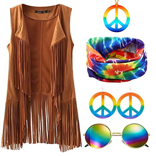 Ficlwigkis Hippie Kostüm Damen,Karneval Fransenweste Damen,Hippie Weste Damen für Disco Cosplay Karneval Kostüm Damen,70er Jahre Outfit Damen mit Halsketten,Ohrringe,Kopfring und Brillen (Stil 2, L) von Ficlwigkis