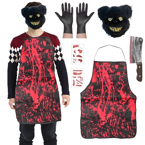 Ficlwigkis Horror Bär Kostüm 6 Teiliges Halloween Kostüm Herren Blutiger Killer Gruselige Halloween Maske Horror Maske Horror Kostüm Herren für Halloween Karneval Outfit Herren Erwachsene (Stil 1) von Ficlwigkis