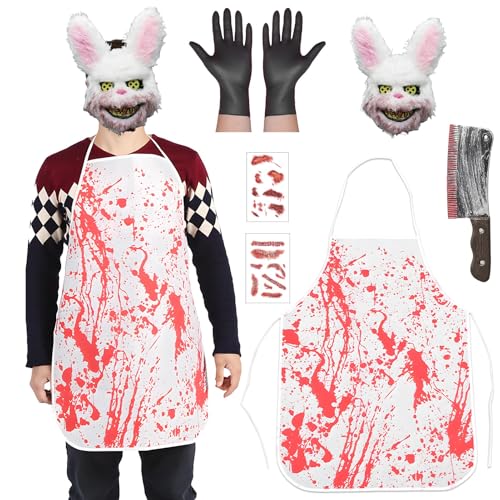 Ficlwigkis Horror Kaninchen Kostüm 6 Teiliges Halloween Kostüm Herren Blutiger Killer Gruselige Halloween Maske Horror Maske Horror Kostüm Herren für Halloween Karneval Outfit Erwachsene (Stil 2) von Ficlwigkis