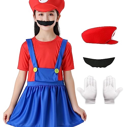 Ficlwigkis Cosplay Kostüm Kinder Herren Cartoon Kostüm Set,4 Pcs Cosplay und Cartoon Bodysuit Kostüm Herren Kinder Damen mit Hut Handschuhe Bart für Karneval Halloween Cosplay (Rot/Mädchen, M) von Ficlwigkis