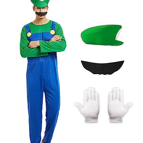 Ficlwigkis Cosplay Kostüm Cartoon Kostüm Set,4 Pcs Cosplay und Cartoon Bodysuit Kostüm Herren Damen mit Hut Handschuhe Bart für Karneval Halloween Cosplay (Grün/Herren, S) von Ficlwigkis