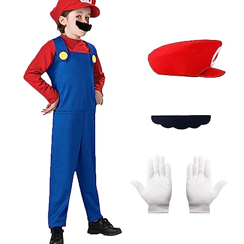 Ficlwigkis Cosplay Kostüm Kinder Herren Cartoon Kostüm Set,4 Pcs Cosplay und Cartoon Bodysuit Kostüm Herren Kinder Damen mit Hut Handschuhe Bart für Karneval Halloween Cosplay (Rot/Junge, L) von Ficlwigkis