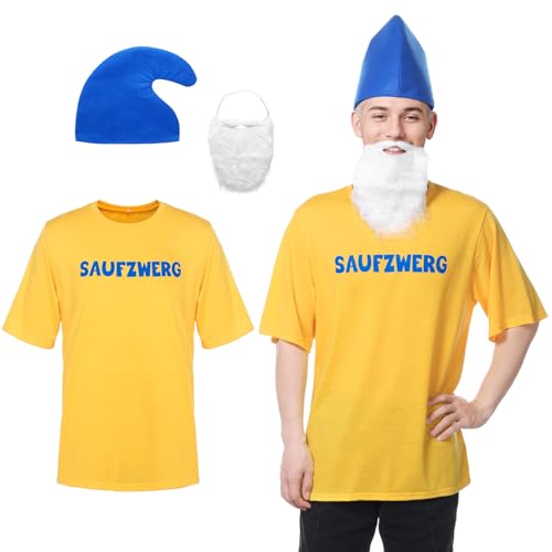 Ficlwigkis Zwergenkostüm Erwachsene,Saufzwerg Kostüm Zwergenkostüm mit Bart Hut T-Shirt, Bier Kostüm Fastnachtskostüme Herren Karneval Kostüm Herren (Gelb, L) von Ficlwigkis