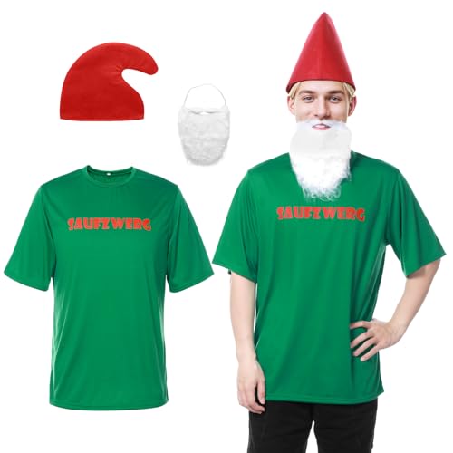 Ficlwigkis Zwergenkostüm Erwachsene,Saufzwerg Kostüm Zwergenkostüm mit Bart Hut T-Shirt, Bier Kostüm Fastnachtskostüme Herren Karneval Kostüm Herren (Grün, L) von Ficlwigkis