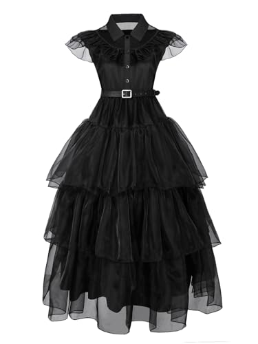 Ficlwigkis Wednesday Kostüm Damen Schwarz Kleid Karnival Kostüme Damen Wednesday Kostüme mit Halskette Ohrring Zubehör für Karnival Halloween Kostüm Damen (Style 1, 120) von Ficlwigkis