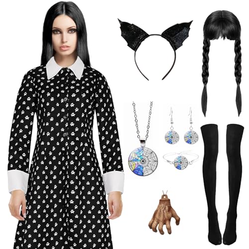 Ficlwigkis Wednesday Kostüm Damen Schwarz Mittwoch Kleid aus Tüll Karneval Kostüme Damen Faschingskostüme mit Perücke Halskette Ohrring Zubehör für Karneval Halloween Kostüm Damen (Style 1/Damen, M) von Ficlwigkis