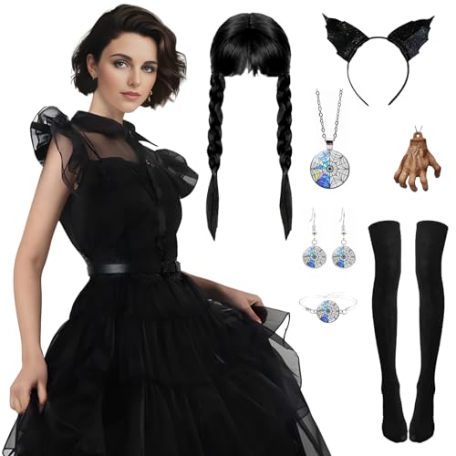 Ficlwigkis Wednesday Kostüm Damen Schwarz Mittwoch Kleid aus Tüll Faschingskostüme mit Perücke Halskette Ohrring Zubehör für Karneval Halloween Kostüm Damen (Style 2/Damen, XL) von Ficlwigkis