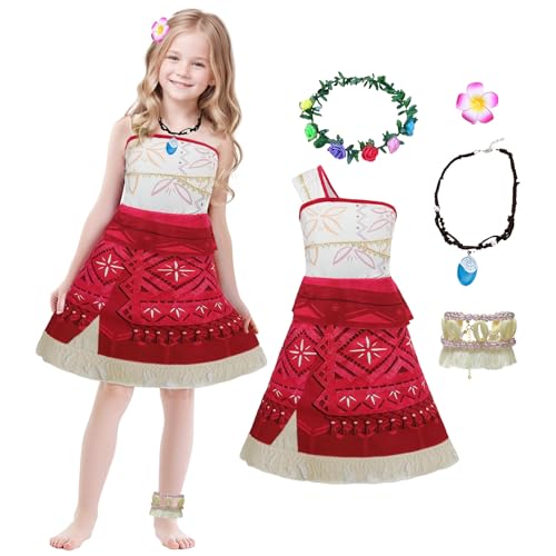 Ficlwigkis Vaiana Kostüm Kinder Mädche,Moana Kostüm mit Kette Blumenkrone Haarspange Fußkette,Prinzessinnenkleider für Karneval Faschingskostüme Kinder Vaiana Mädchen (Rot, 130) von Ficlwigkis