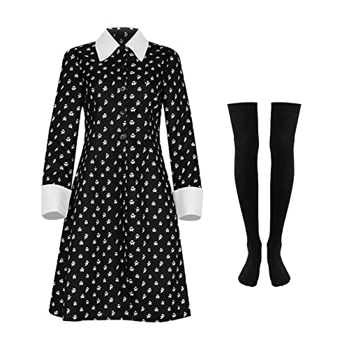 Ficlwigkis Wednesday Kostüm Damen Schwarz Kleid Karnival Kostüme Damen Wednesday Kostüme mit Halskette Ohrring Zubehör für Karnival Halloween Kostüm Damen (Style 3, 140) von Ficlwigkis