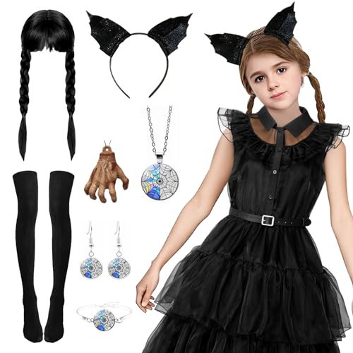 Ficlwigkis Wednesday Kostüm Kinder Damen Schwarz Mittwoch Kleid aus Tüll Faschingskostüme mit Perücke Halskette Ohrring Zubehör für Karneval Halloween Kostüm Damen (Style 2/Mädchen, 140) von Ficlwigkis