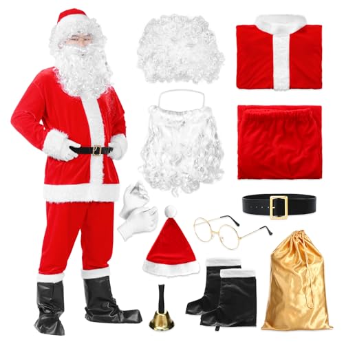 Ficlwigkis Weihnachtsmann Kostüm 13 Stück Weihnachtsmann Kostüm Herren Nikolaus Kostüm Herren Weihnachtsmann Kostüm Santa Claus Costume für Kostüm Weihnachtsmann Cosplay Party (Rot, L) von Ficlwigkis