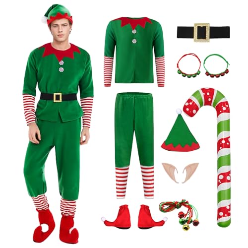 Ficlwigkis Buddy Elfen Kostüm Herren Jungen Grün Elfen Kostüm kinder Weihnachten Elf Kostüm Buddy mit Ohren Hut Gürtel Elfen für Weihnachten Kostüm Erwachsener (Grün Erwachsene, L) von Ficlwigkis