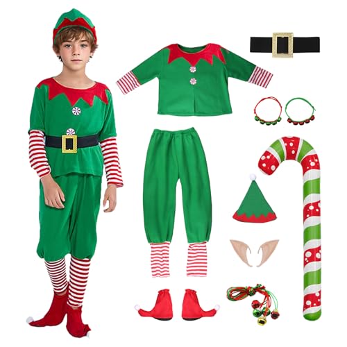 Ficlwigkis Buddy Elfen Kostüm Herren Jungen Grün Elfen Kostüm kinder Weihnachten Elf Kostüm Buddy mit Ohren Hut Gürtel Elfen für Weihnachten Kostüm Erwachsener (Grüne Kinder, 130) von Ficlwigkis