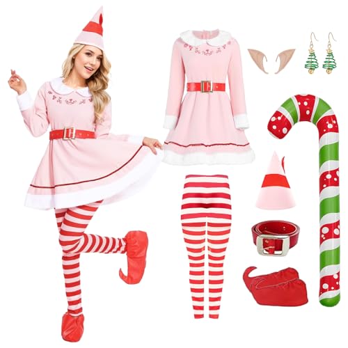 Ficlwigkis Buddy Elfen Kostüm Herren Damen Grün Rosa Elfen Kostüm Weihnachten Elf Kostüm Buddy mit Ohren Hut Gürtel Elfen für Weihnachten Kostüm Erwachsener (Rosa, L) von Ficlwigkis