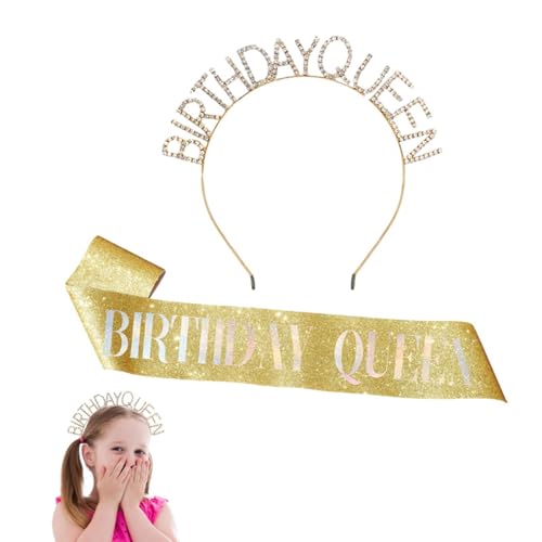 Fierudeng Happy Birthday Krone Strass Beauty Queen Geburtstag Schärpe Hochzeit Haarschmuck Alterszeremonie Foto Requisiten für Events Party Mädchen Frauen von Fierudeng