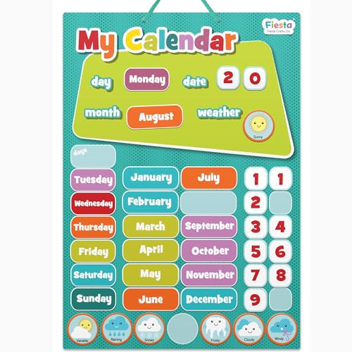 Fiesta Crafts Magnetic Calendar for Kids - Colourful, Engaging, & Educational Days of the Week Chart with Moveable Numbers, Months, & Weather Pieces - Interactive Learning Board for Toddler & Children von Fiesta Crafts Ltd