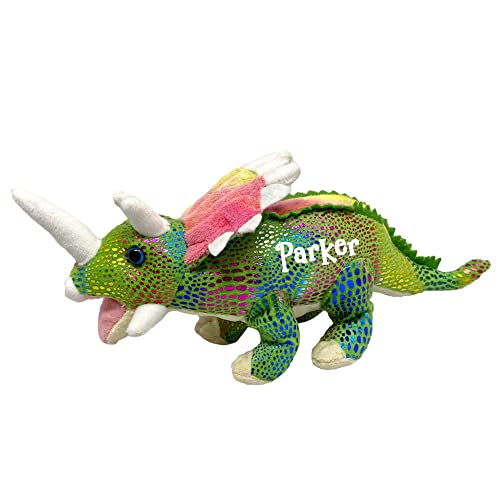 Personalisiertes Triceratops Dinosaurier-Plüschtier – metallisch gepunktetes Stofftier mit individuellem Namen von Fiesta