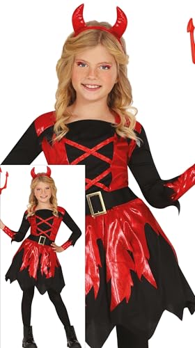 FIESTAS GUIRCA Feuriger Teufel Halloween Kostüm Kinder – Teufelshörner Haarband & Rotes, Glänzendes Teufelskleid – Kostüm Kinder Halloween Mädchen 10-12 Jahre von FIESTAS GUIRCA