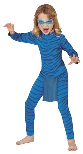 Fiestas Guirca Magische Blaue Katze Kinder Kostüm - Tigerin Kostüm Kinder Ink. blau gestreifter Jumpsuit u. Schwanz - Alter 10-12 J.- Bengalischer Tiger Tier Kostüm Karneval, Fasching Kostüm Kinder von Fiestas Guirca