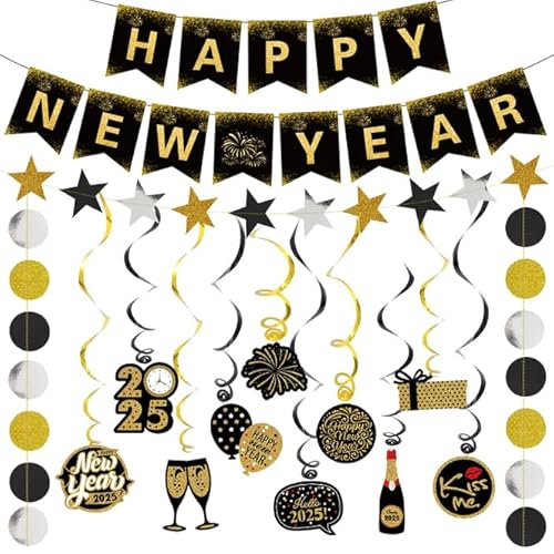 Silvester Deko 2025 Party Set Happy New Year Girlande Banner Bunting Brille Silvester Foto Requisiten Luftballons Silvester 2025 Silvester Party Dekoration (Gold-2) von Figarge