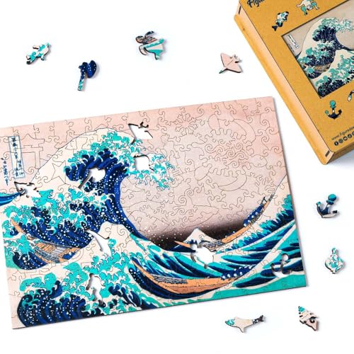 Figured'Art Hokusai Holzpuzzle für Erwachsene und Kinder, 200 Teile – Die große Welle von Kanagawa von Hokusai – originelles Design, 31,2 x 22 cm, einzigartige Form mit Premium-Holzbox, perfekt zum von Figured'Art