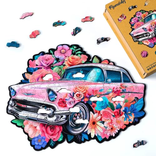 Figured'Art Holzpuzzle Erwachsene und Kinder 200 Teile - Ausgang: Vintage-Blumenauto - Originelles Design 35x27,7 cm Einzigartige Form mit Premium-Holzkiste von Figured'Art