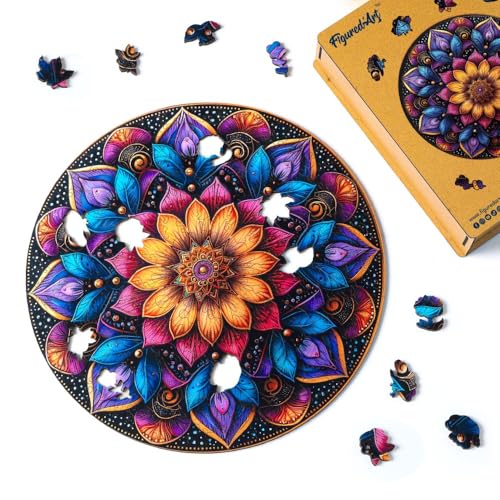 Figured'Art Holzpuzzle Erwachsene und Kinder 200 Teile - Bunte Mandala - Originelles Design 28,5x28,5 cm Einzigartige Form mit Premium-Holzkiste von Figured'Art