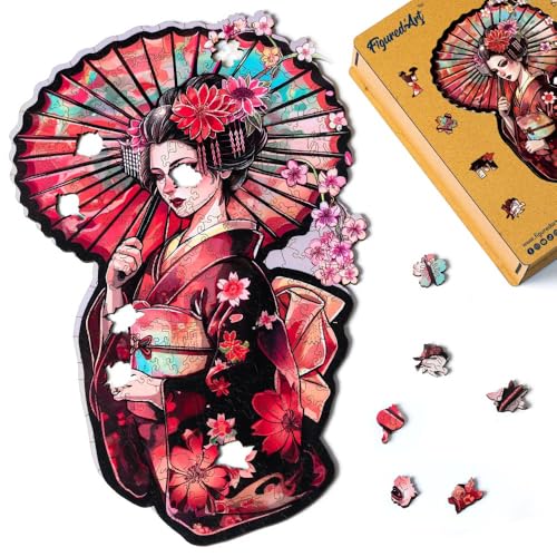 Figured'Art Holzpuzzle Erwachsene und Kinder 200 Teile - Geisha mit Sonnenschirm - Originelles Design 26x39,5 cm Einzigartige Form mit Premium-Holzkiste von Figured'Art