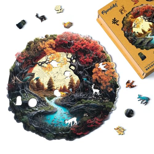 Figured'Art Holzpuzzle Erwachsene und Kinder 200 Teile - Herbstfluss - Originelles Design 28,5x28,3 cm Einzigartige Form mit Premium-Holzkiste von Figured'Art