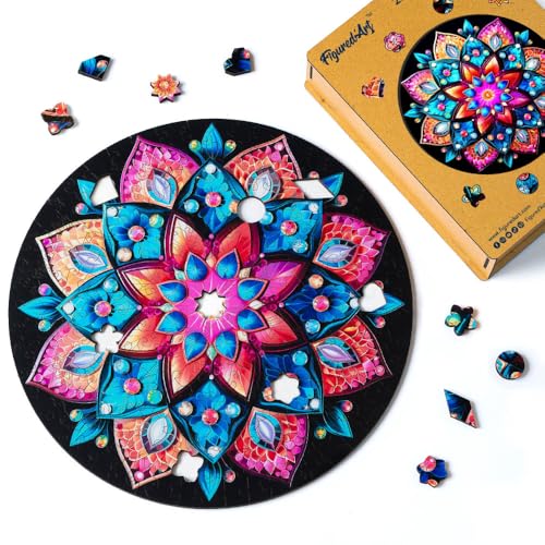 Figured'Art Holzpuzzle Erwachsene und Kinder 200 Teile - Kaleidoskop-Mandala - Originelles Design 28,5x28,5 cm Einzigartige Form mit Premium-Holzkiste von Figured'Art