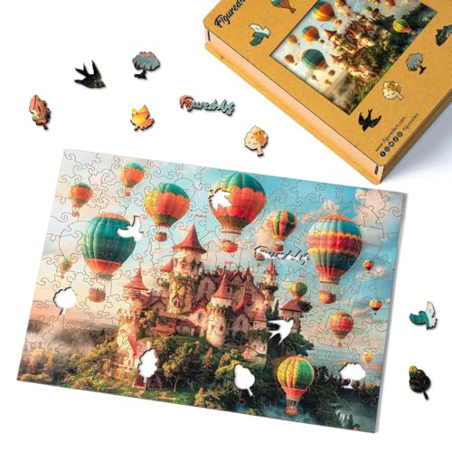 Figured'Art Holzpuzzle Erwachsene und Kinder 200 Teile - Schloss mit Heißluftballons - Originelles Design 32x22 cm Einzigartige Form mit Premium-Holzkiste von Figured'Art